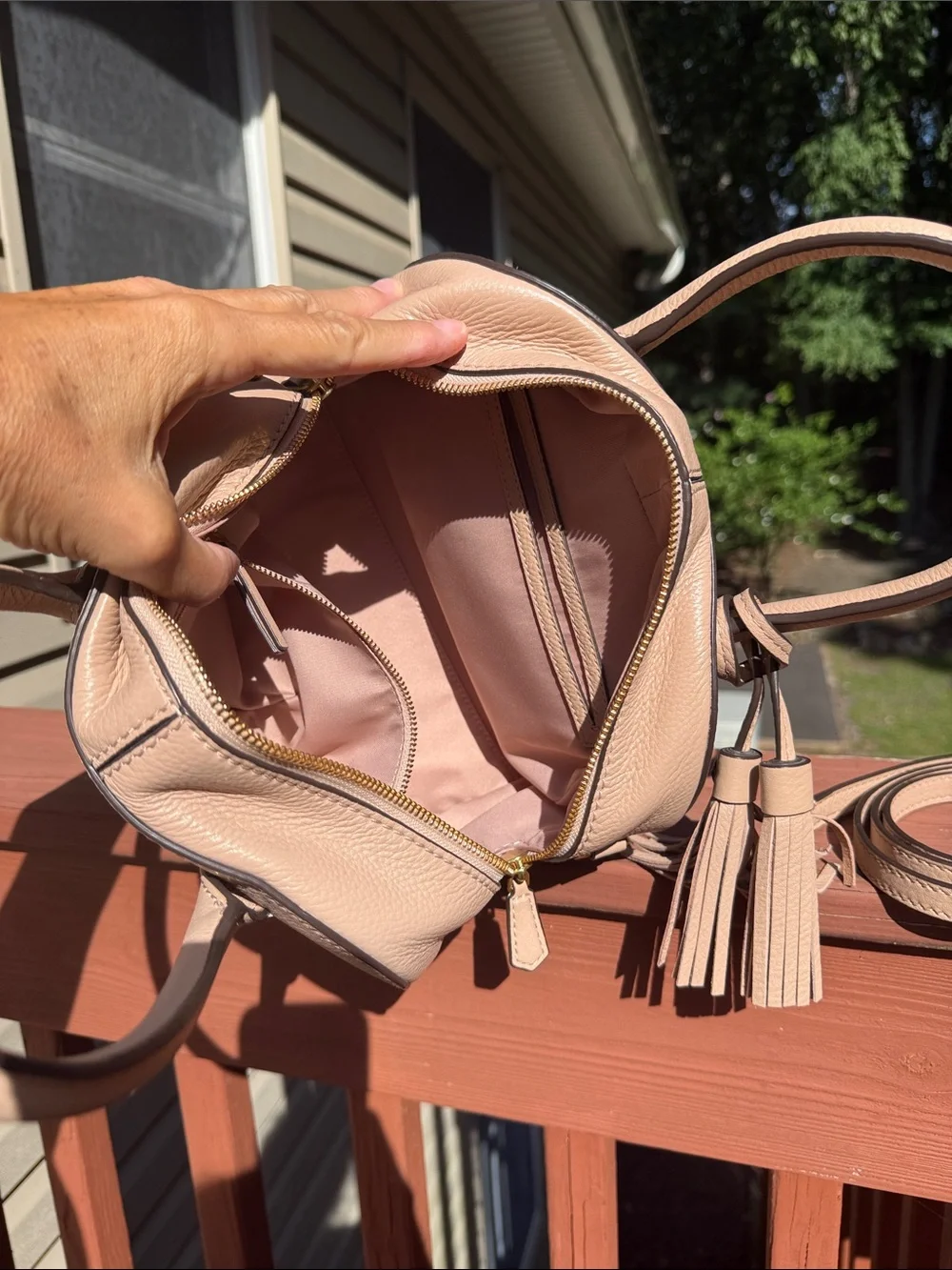 Tory Burch taupe Pebbled Leather Dome Satchel with Tassel